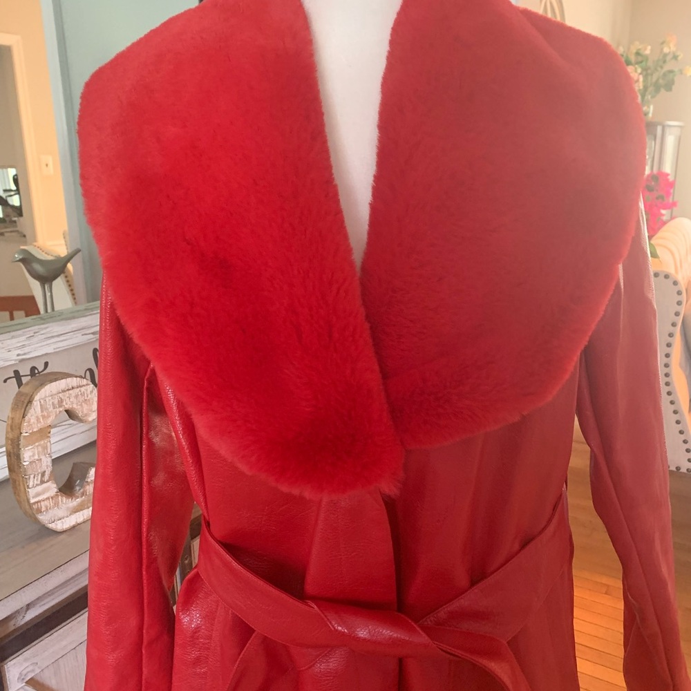Fashion Nova Red Long Faux Fur Trim Coat - Picture 3 of 10